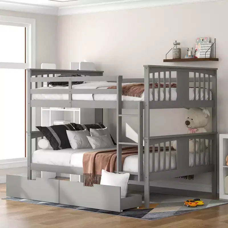 Lit superposé double avec tiroirs, lit superposé en bois pleine grandeur pour enfants, adolescents et adultes, convertible en 2 lits