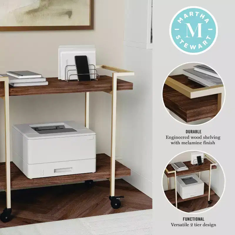 Chariot de rangement et d'imprimante Martha Stewart Liam à 2 niveaux avec cadre en métal