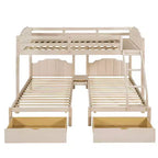 Lit superposé triple (lit double en bas, lit simple au milieu et lit simple en haut) pour 3 enfants, lit superposé en bois avec tiroirs et garde-corps pour chambre à coucher, beige