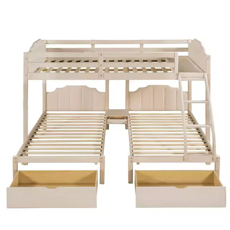 Lit superposé triple (lit double en bas, lit simple au milieu et lit simple en haut) pour 3 enfants, lit superposé en bois avec tiroirs et garde-corps pour chambre à coucher, beige