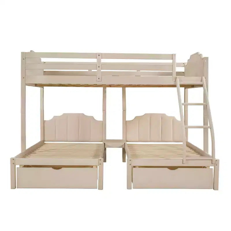 Lit superposé triple (lit double en bas, lit simple au milieu et lit simple en haut) pour 3 enfants, lit superposé en bois avec tiroirs et garde-corps pour chambre à coucher, beige