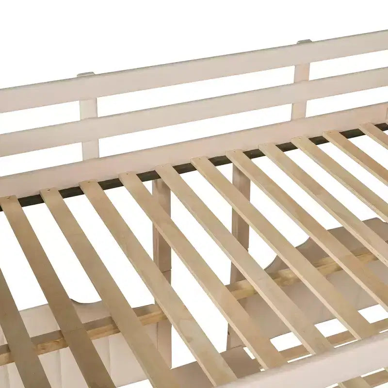 Lit superposé triple (lit double en bas, lit simple au milieu et lit simple en haut) pour 3 enfants, lit superposé en bois avec tiroirs et garde-corps pour chambre à coucher, beige