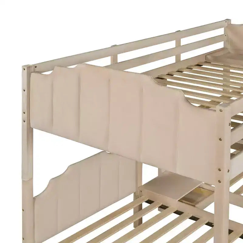 Lit superposé triple (lit double en bas, lit simple au milieu et lit simple en haut) pour 3 enfants, lit superposé en bois avec tiroirs et garde-corps pour chambre à coucher, beige