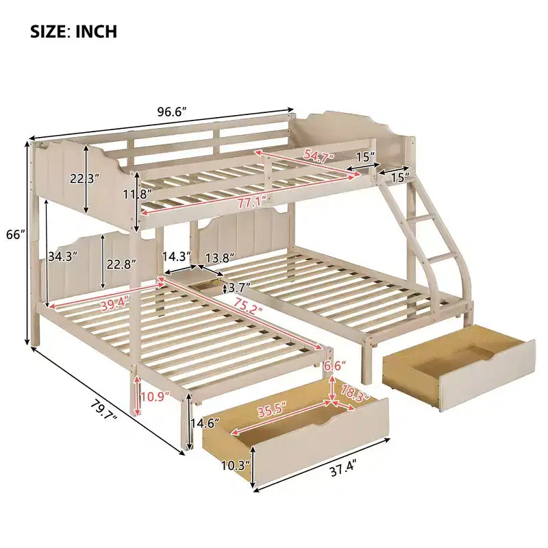 Lit superposé triple (lit double en bas, lit simple au milieu et lit simple en haut) pour 3 enfants, lit superposé en bois avec tiroirs et garde-corps pour chambre à coucher, beige