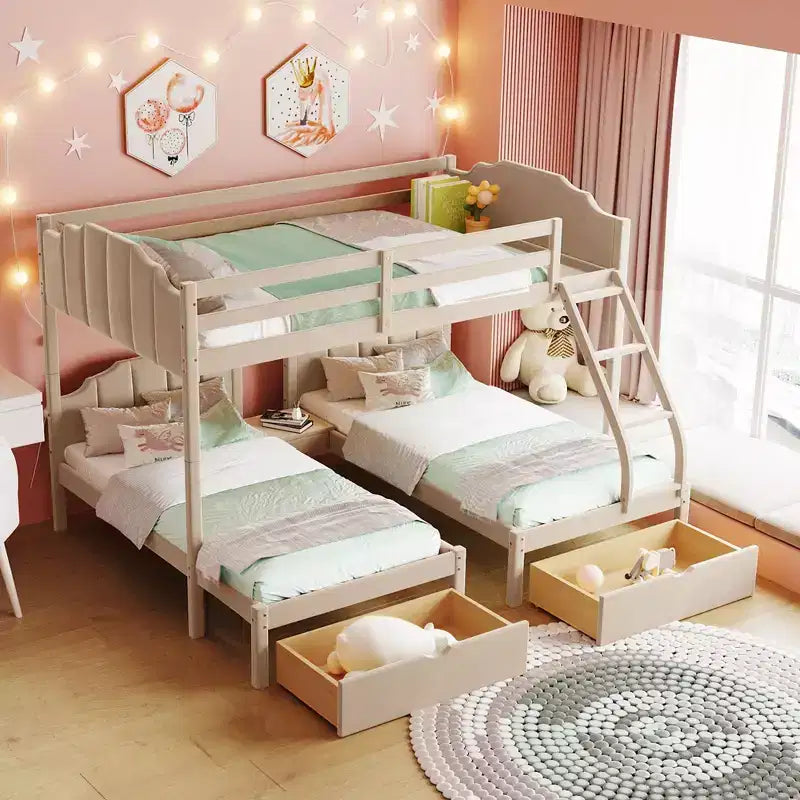 Lit superposé triple (lit double en bas, lit simple au milieu et lit simple en haut) pour 3 enfants, lit superposé en bois avec tiroirs et garde-corps pour chambre à coucher, beige