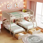 Lit superposé triple (lit double en bas, lit simple au milieu et lit simple en haut) pour 3 enfants, lit superposé en bois avec tiroirs et garde-corps pour chambre à coucher, beige