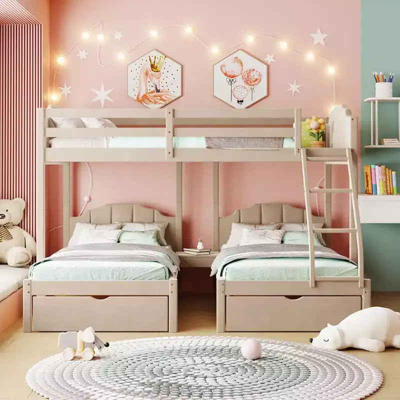 Lit superposé triple (lit double en bas, lit simple au milieu et lit simple en haut) pour 3 enfants, lit superposé en bois avec tiroirs et garde-corps pour chambre à coucher, beige