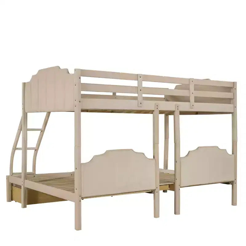 Lit superposé triple (lit double en bas, lit simple au milieu et lit simple en haut) pour 3 enfants, lit superposé en bois avec tiroirs et garde-corps pour chambre à coucher, beige