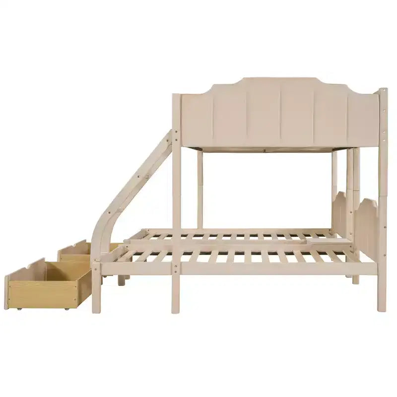 Lit superposé triple (lit double en bas, lit simple au milieu et lit simple en haut) pour 3 enfants, lit superposé en bois avec tiroirs et garde-corps pour chambre à coucher, beige