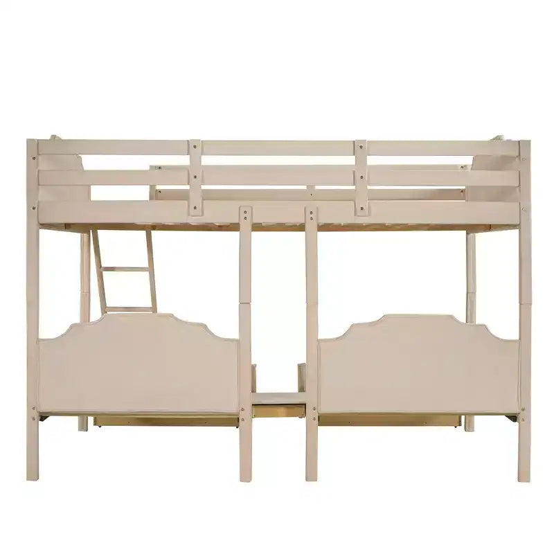 Lit superposé triple (lit double en bas, lit simple au milieu et lit simple en haut) pour 3 enfants, lit superposé en bois avec tiroirs et garde-corps pour chambre à coucher, beige
