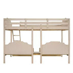 Lit superposé triple (lit double en bas, lit simple au milieu et lit simple en haut) pour 3 enfants, lit superposé en bois avec tiroirs et garde-corps pour chambre à coucher, beige