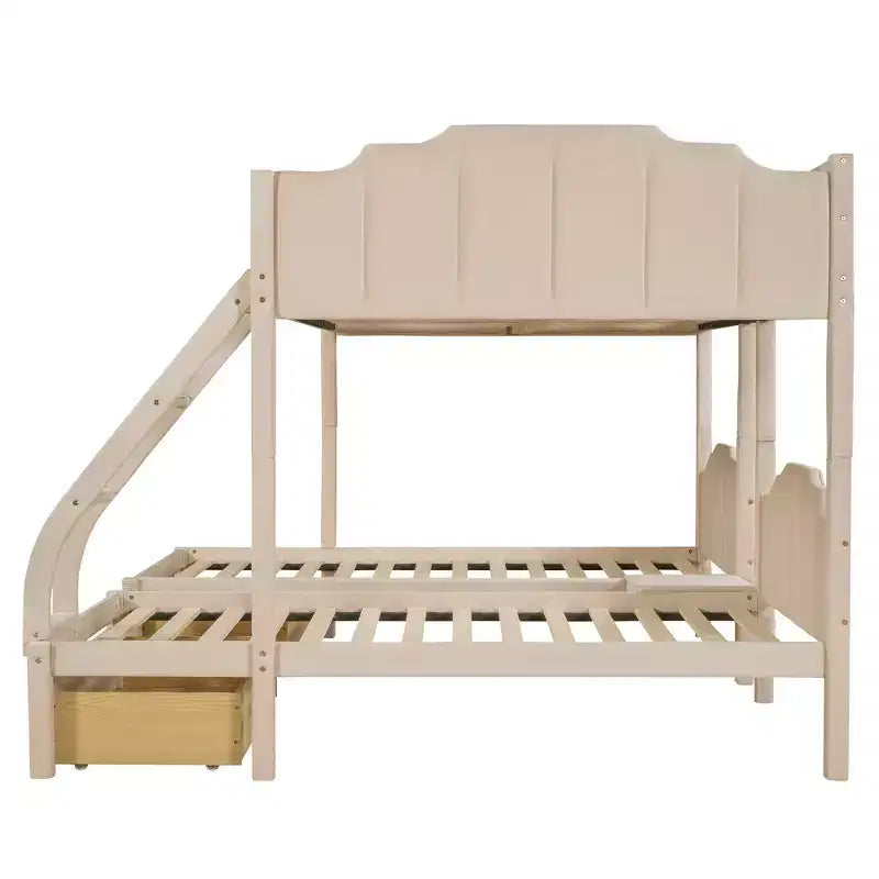 Lit superposé triple (lit double en bas, lit simple au milieu et lit simple en haut) pour 3 enfants, lit superposé en bois avec tiroirs et garde-corps pour chambre à coucher, beige