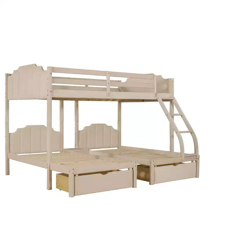 Lit superposé triple (lit double en bas, lit simple au milieu et lit simple en haut) pour 3 enfants, lit superposé en bois avec tiroirs et garde-corps pour chambre à coucher, beige