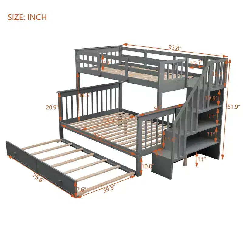 Lit superposé jumeau sur lit double avec lit gigogne pour enfants, cadre de lit superposé avec escalier de rangement et garde-corps