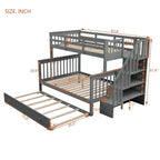 Lit superposé jumeau sur lit double avec lit gigogne pour enfants, cadre de lit superposé avec escalier de rangement et garde-corps