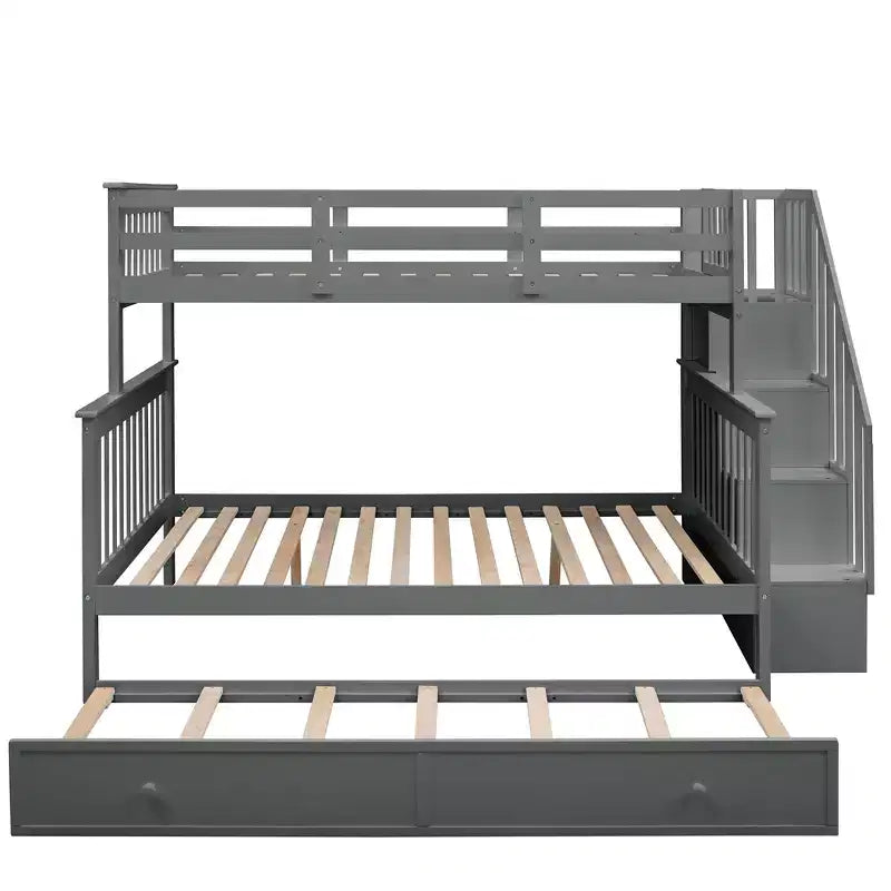 Lit superposé jumeau sur lit double avec lit gigogne pour enfants, cadre de lit superposé avec escalier de rangement et garde-corps