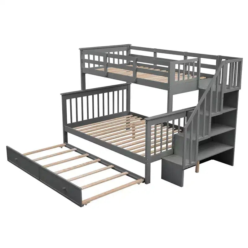 Lit superposé jumeau sur lit double avec lit gigogne pour enfants, cadre de lit superposé avec escalier de rangement et garde-corps