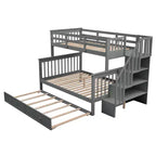 Lit superposé jumeau sur lit double avec lit gigogne pour enfants, cadre de lit superposé avec escalier de rangement et garde-corps