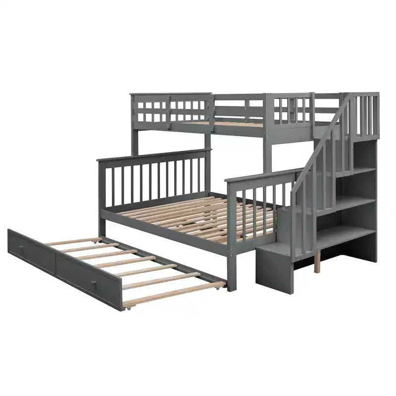 Lit superposé jumeau sur lit double avec lit gigogne pour enfants, cadre de lit superposé avec escalier de rangement et garde-corps