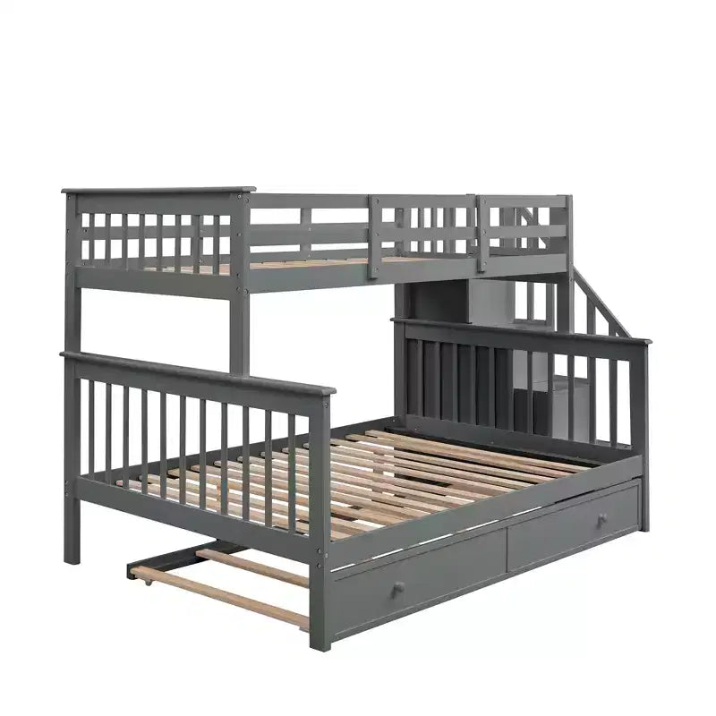 Lit superposé jumeau sur lit double avec lit gigogne pour enfants, cadre de lit superposé avec escalier de rangement et garde-corps