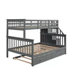 Lit superposé jumeau sur lit double avec lit gigogne pour enfants, cadre de lit superposé avec escalier de rangement et garde-corps