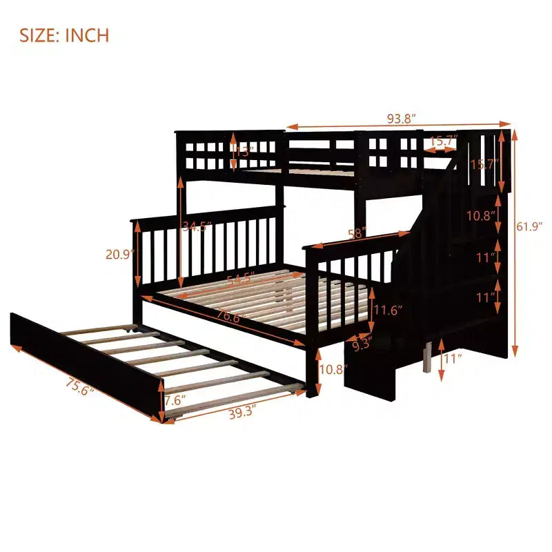 Lit superposé jumeau sur lit double avec lit gigogne pour enfants, cadre de lit superposé avec escalier de rangement et garde-corps