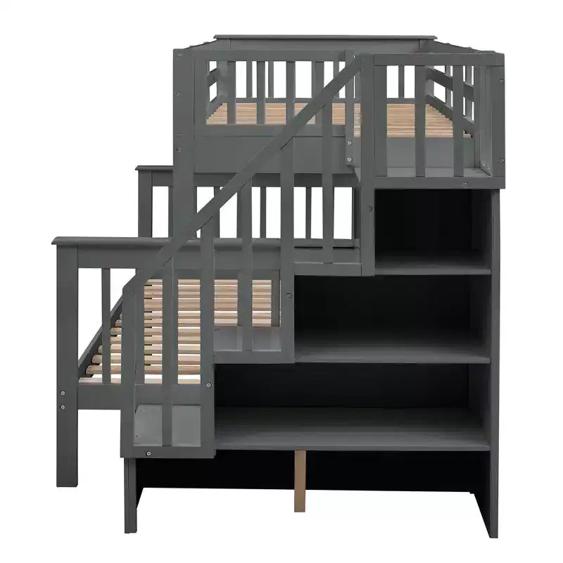 Lit superposé jumeau sur lit double avec lit gigogne pour enfants, cadre de lit superposé avec escalier de rangement et garde-corps