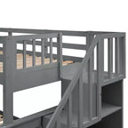 Lit superposé jumeau sur lit double avec lit gigogne pour enfants, cadre de lit superposé avec escalier de rangement et garde-corps