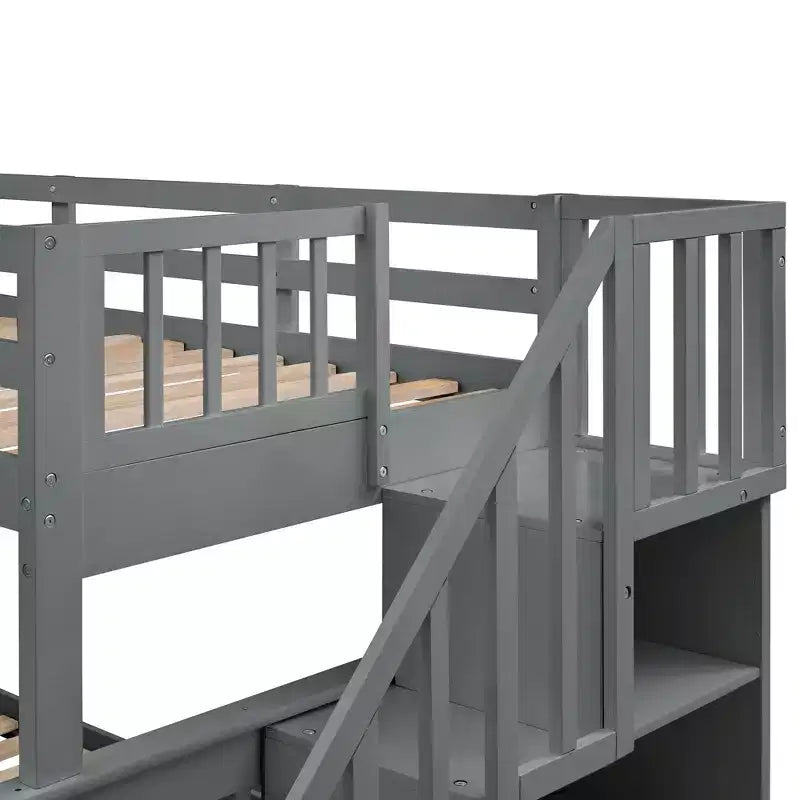 Lit superposé jumeau sur lit double avec lit gigogne pour enfants, cadre de lit superposé avec escalier de rangement et garde-corps