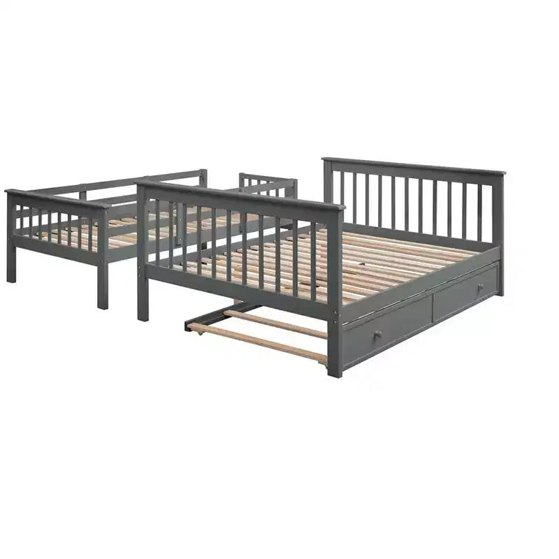 Lit superposé jumeau sur lit double avec lit gigogne pour enfants, cadre de lit superposé avec escalier de rangement et garde-corps