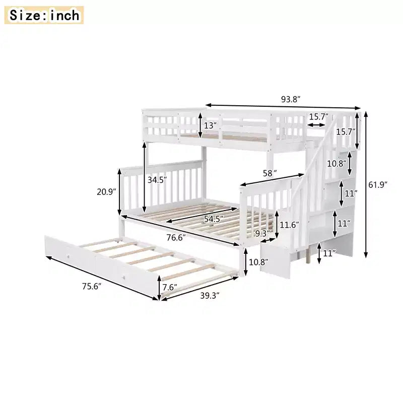 Lit superposé jumeau sur lit double avec lit gigogne pour enfants, cadre de lit superposé avec escalier de rangement et garde-corps