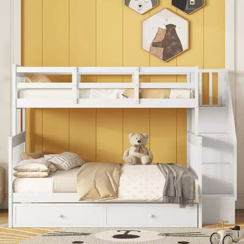Lit superposé jumeau sur lit double avec lit gigogne pour enfants, cadre de lit superposé avec escalier de rangement et garde-corps