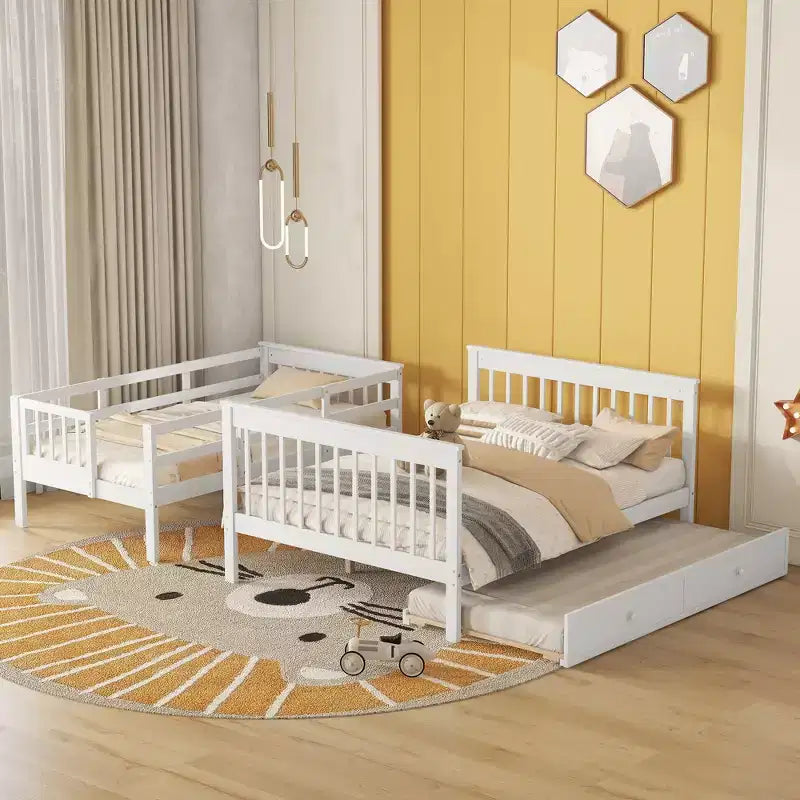 Lit superposé jumeau sur lit double avec lit gigogne pour enfants, cadre de lit superposé avec escalier de rangement et garde-corps