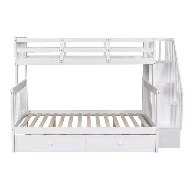 Lit superposé jumeau sur lit double avec lit gigogne pour enfants, cadre de lit superposé avec escalier de rangement et garde-corps