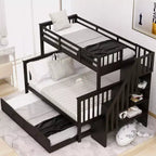 Lit superposé jumeau sur lit double avec lit gigogne pour enfants, cadre de lit superposé avec escalier de rangement et garde-corps