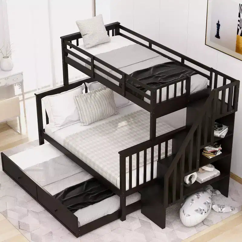 Lit superposé jumeau sur lit double avec lit gigogne pour enfants, cadre de lit superposé avec escalier de rangement et garde-corps