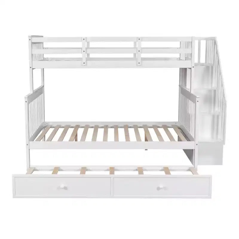 Lit superposé jumeau sur lit double avec lit gigogne pour enfants, cadre de lit superposé avec escalier de rangement et garde-corps
