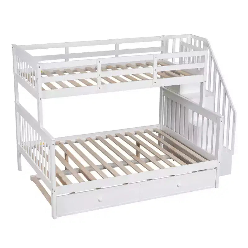 Lit superposé jumeau sur lit double avec lit gigogne pour enfants, cadre de lit superposé avec escalier de rangement et garde-corps
