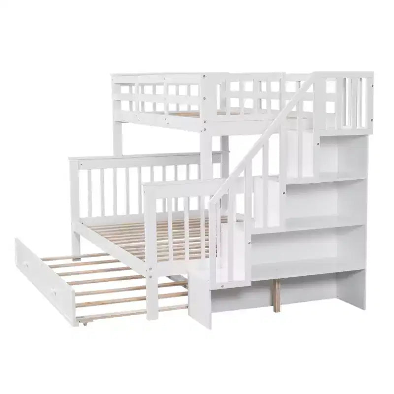 Lit superposé jumeau sur lit double avec lit gigogne pour enfants, cadre de lit superposé avec escalier de rangement et garde-corps