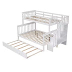 Lit superposé jumeau sur lit double avec lit gigogne pour enfants, cadre de lit superposé avec escalier de rangement et garde-corps