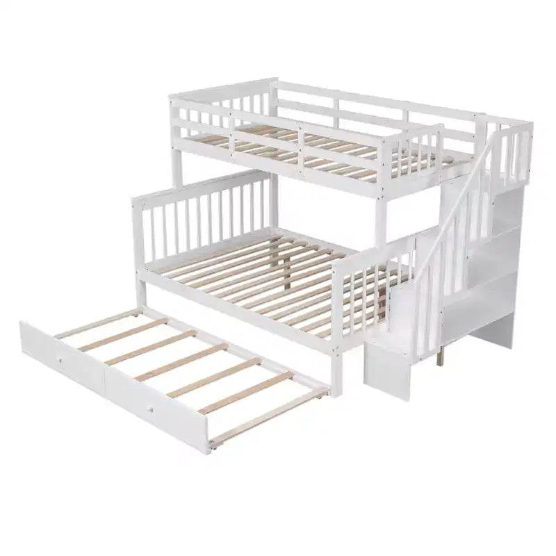 Lit superposé jumeau sur lit double avec lit gigogne pour enfants, cadre de lit superposé avec escalier de rangement et garde-corps