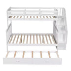 Lit superposé jumeau sur lit double avec lit gigogne pour enfants, cadre de lit superposé avec escalier de rangement et garde-corps