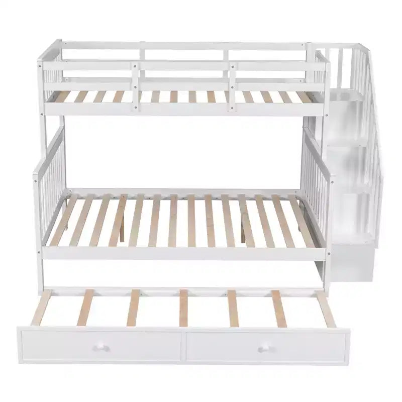 Lit superposé jumeau sur lit double avec lit gigogne pour enfants, cadre de lit superposé avec escalier de rangement et garde-corps