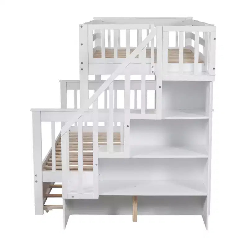 Lit superposé jumeau sur lit double avec lit gigogne pour enfants, cadre de lit superposé avec escalier de rangement et garde-corps