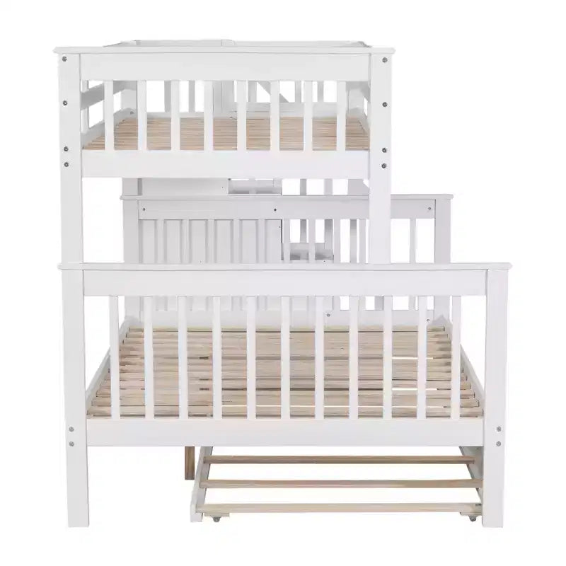Lit superposé jumeau sur lit double avec lit gigogne pour enfants, cadre de lit superposé avec escalier de rangement et garde-corps