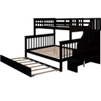 Lit superposé jumeau sur lit double avec lit gigogne pour enfants, cadre de lit superposé avec escalier de rangement et garde-corps