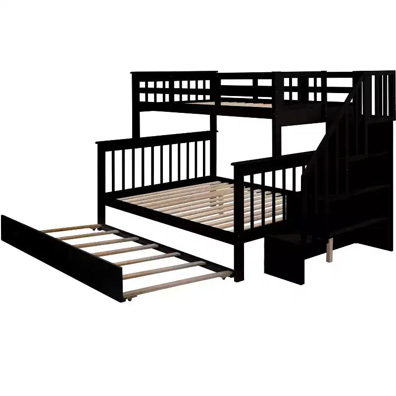 Lit superposé jumeau sur lit double avec lit gigogne pour enfants, cadre de lit superposé avec escalier de rangement et garde-corps