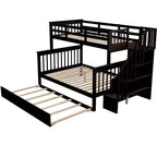 Lit superposé jumeau sur lit double avec lit gigogne pour enfants, cadre de lit superposé avec escalier de rangement et garde-corps