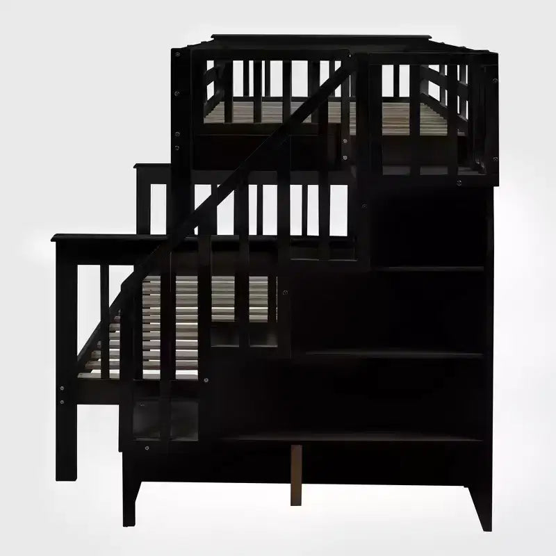 Lit superposé jumeau sur lit double avec lit gigogne pour enfants, cadre de lit superposé avec escalier de rangement et garde-corps