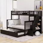 Stairway Twin over Full Bunk Bed with Trundle for Kids, Bunk Bed Frame with Storage Stairs and Guard Rail